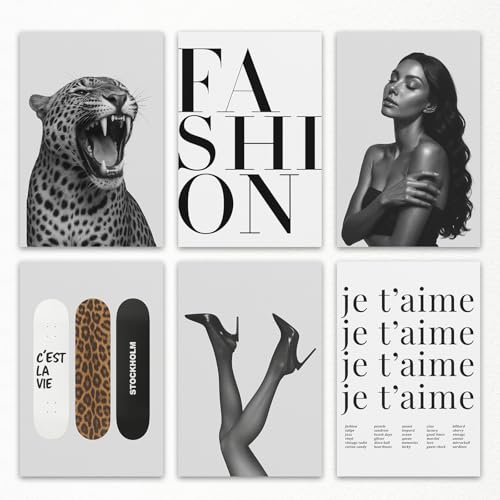 6pcs Leopard Print Canvas Wall Art, Black White Cheetah Painting, Trendy Leopard wall art