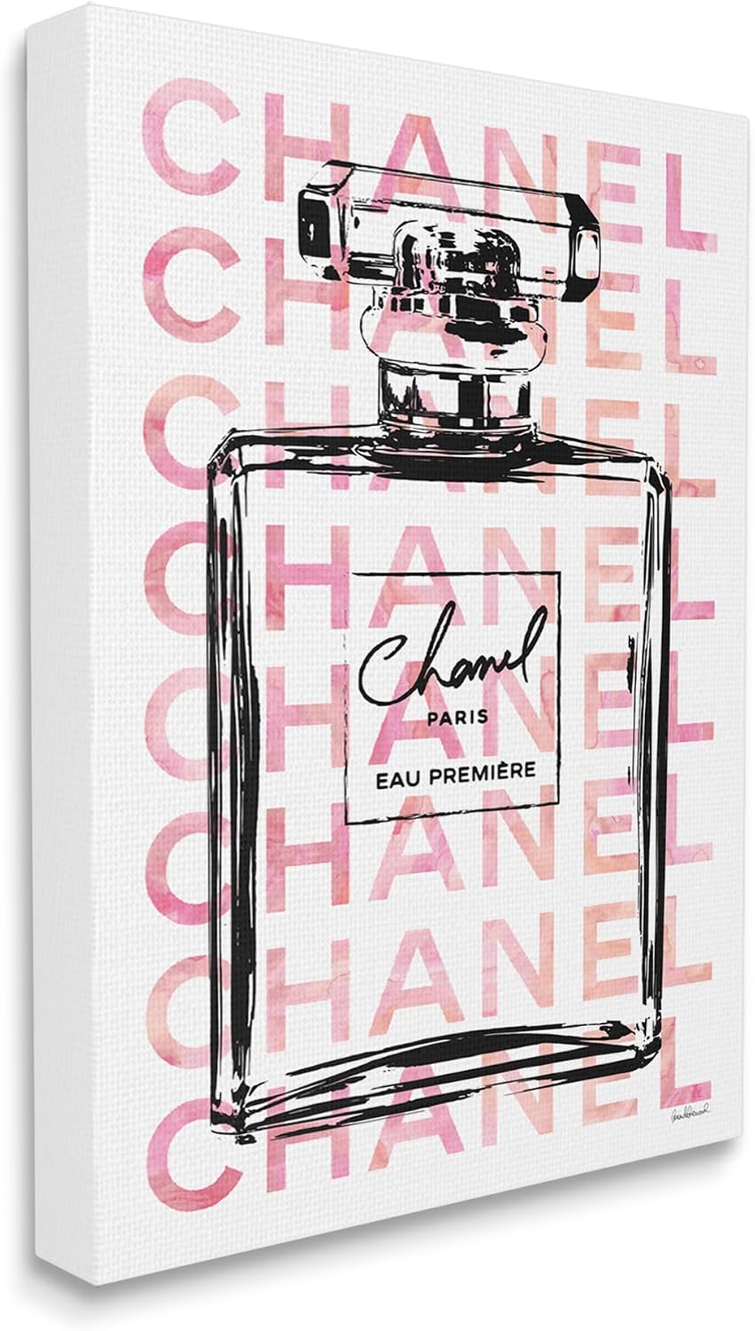 The Stupell Home Décor Collection Glam Perfume Bottle with Words Pink styled on a wall at home