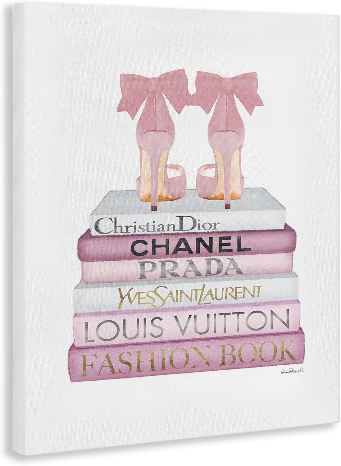Stupell Industries Fashioner Shoes Bookstack Pink White Watercolor, styled on a wall at home