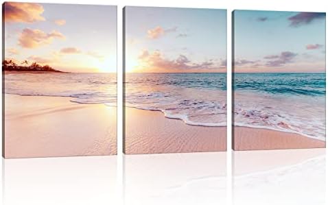 Derkymo 3 Pieces Pink Beach Canvas Wall Art Coastal Sunset Landscape P styled on a wall at home