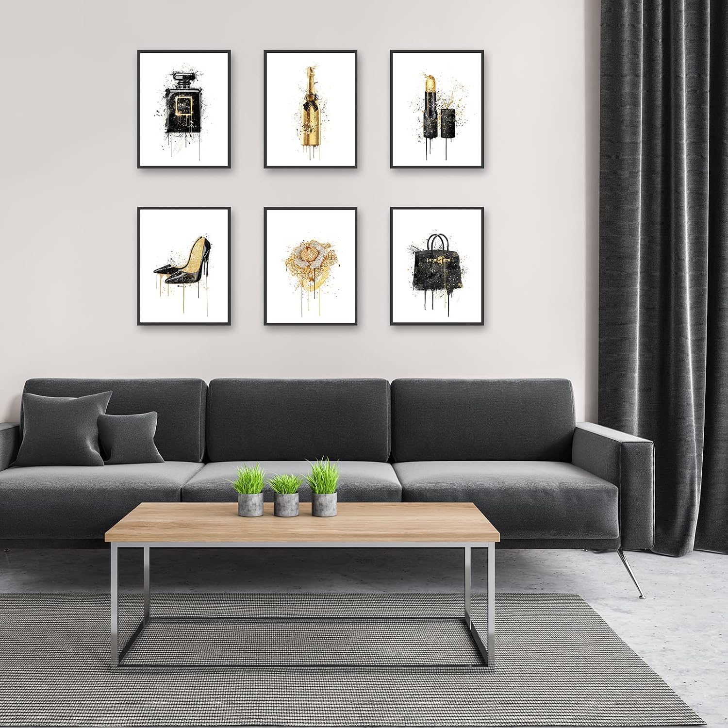 HoozGee Fashion Art Watercolour Splash Gold Champagne Black Perfume styled on a wall at home
