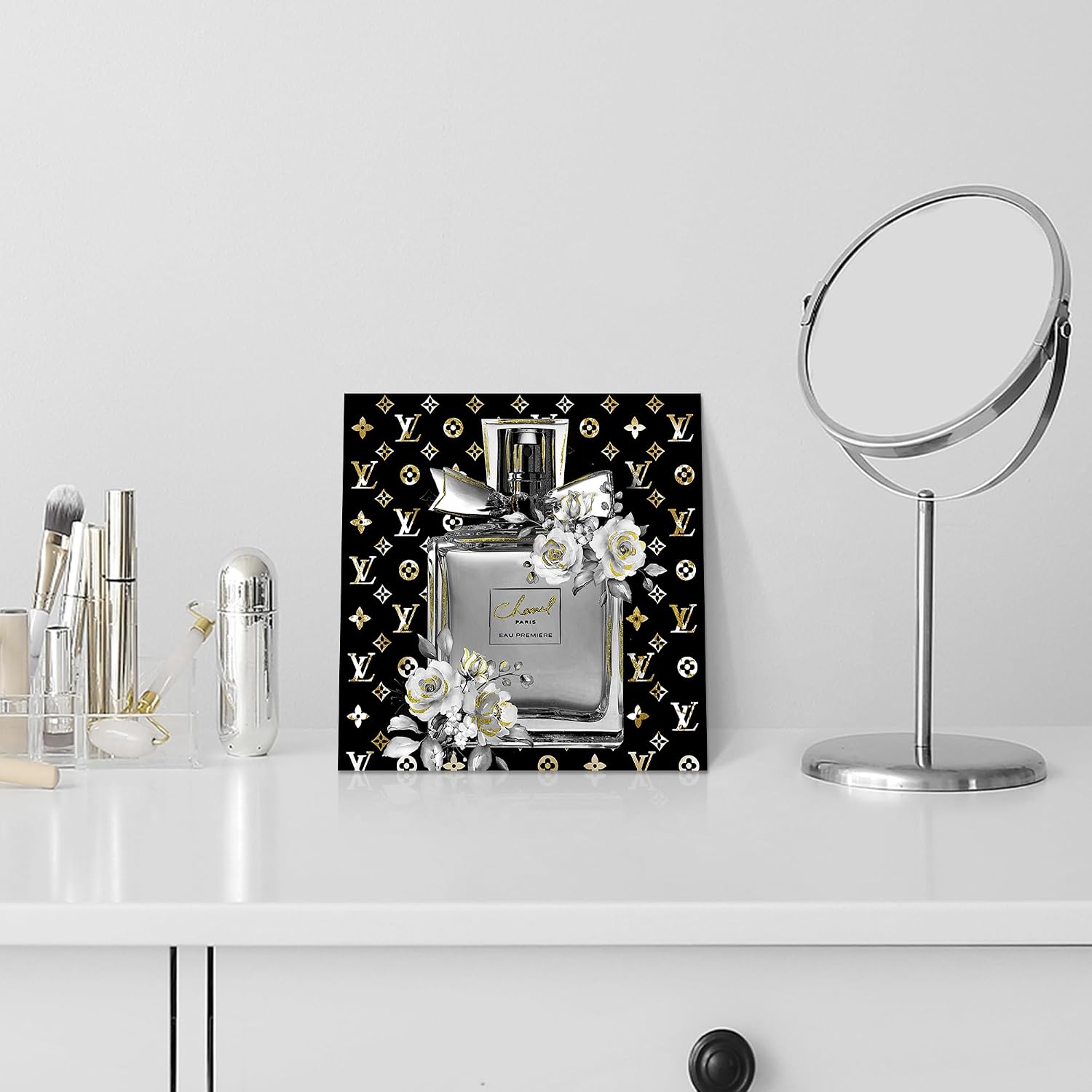summer melody Perfume Bottle Canvas Wall Art: Black White styled on a wall at home