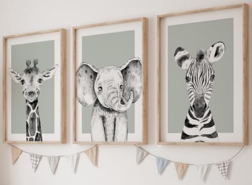 Safari Animals Baby Girl Boy Set of 3 Nursery Unframed Prints styled on a wall at home