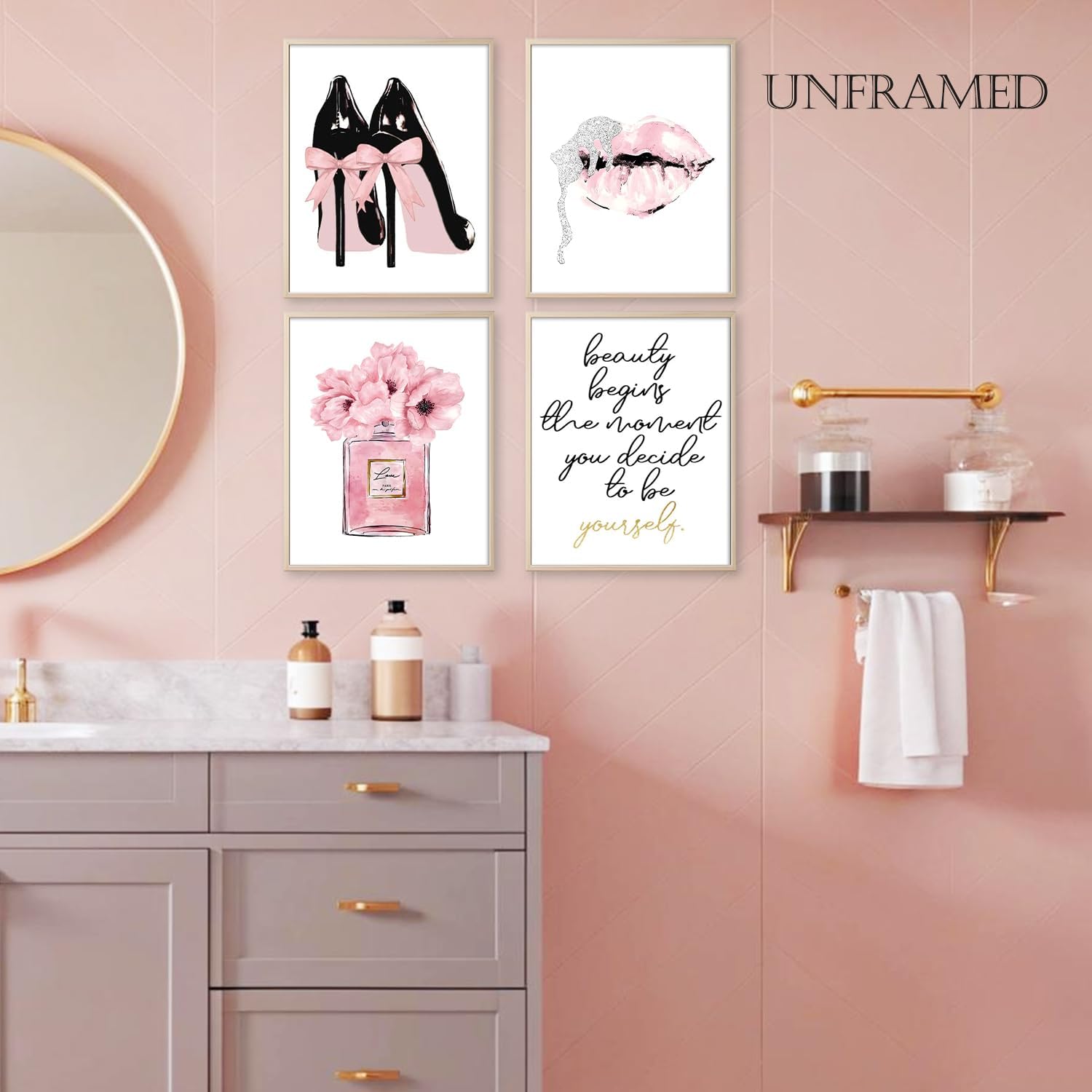 Qabliqo Pink Fashion Wall Art, Pink and Black Bathroom Decor Wall Art styled on a wall at home