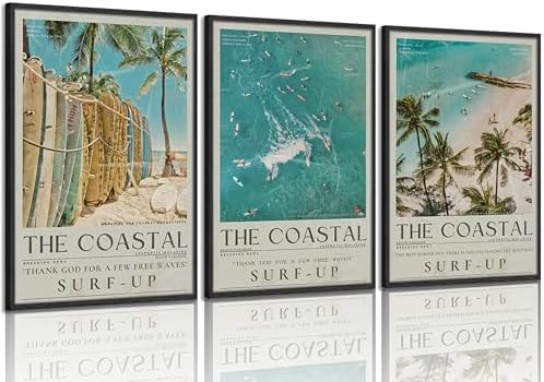 Beach Surfing Canvas Wall Art Retro Newspaper Beaches Surfboard Painti styled on a wall at home