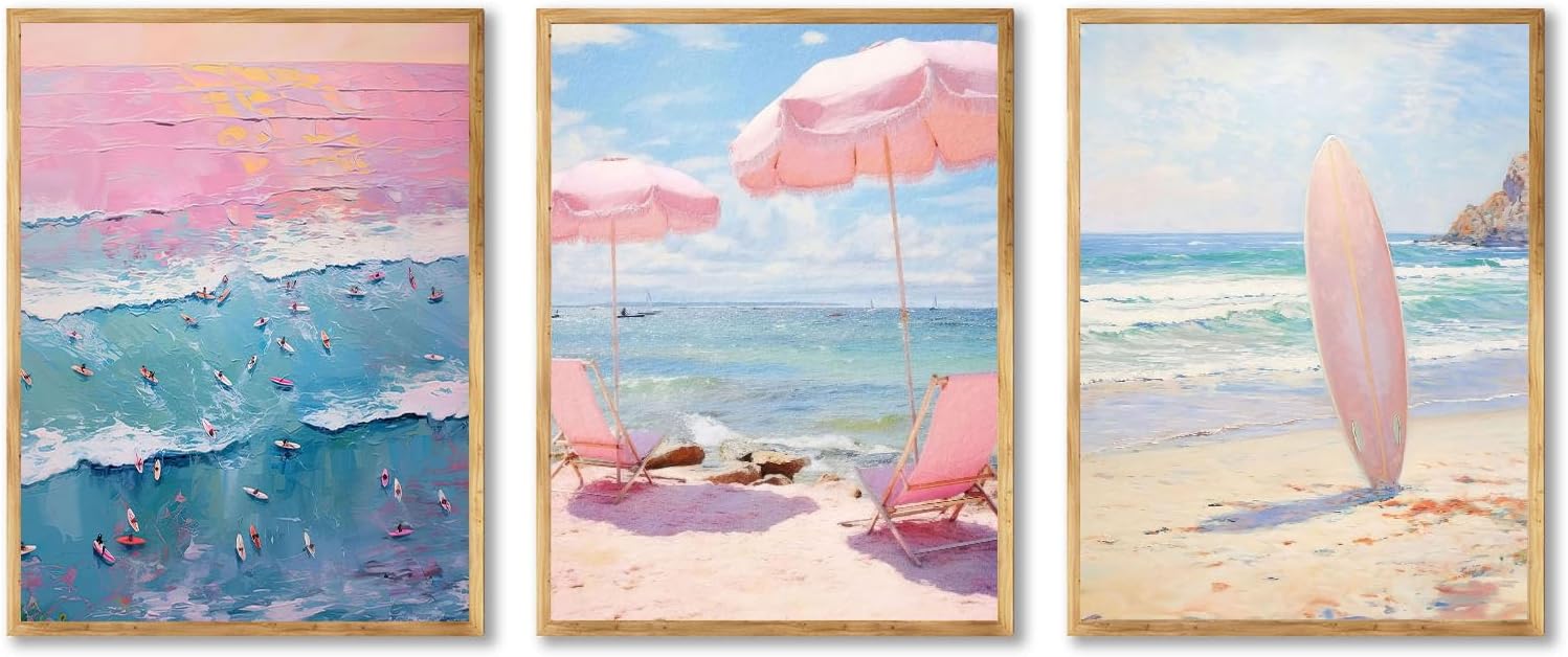 YOAXIVLK Coastal Wall Art Set Pink Beach Canvas Prints Beachy Aestheti wall art