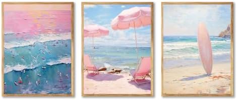 YOAXIVLK Coastal Wall Art Set Pink Beach Canvas Prints Beachy Aestheti styled on a wall at home