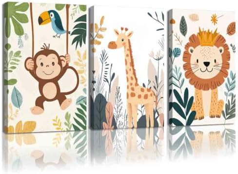 CCWORKERRY Safari Nursery Animal Canvas Wall Art 3PCS Jungle Baby Anim styled on a wall at home