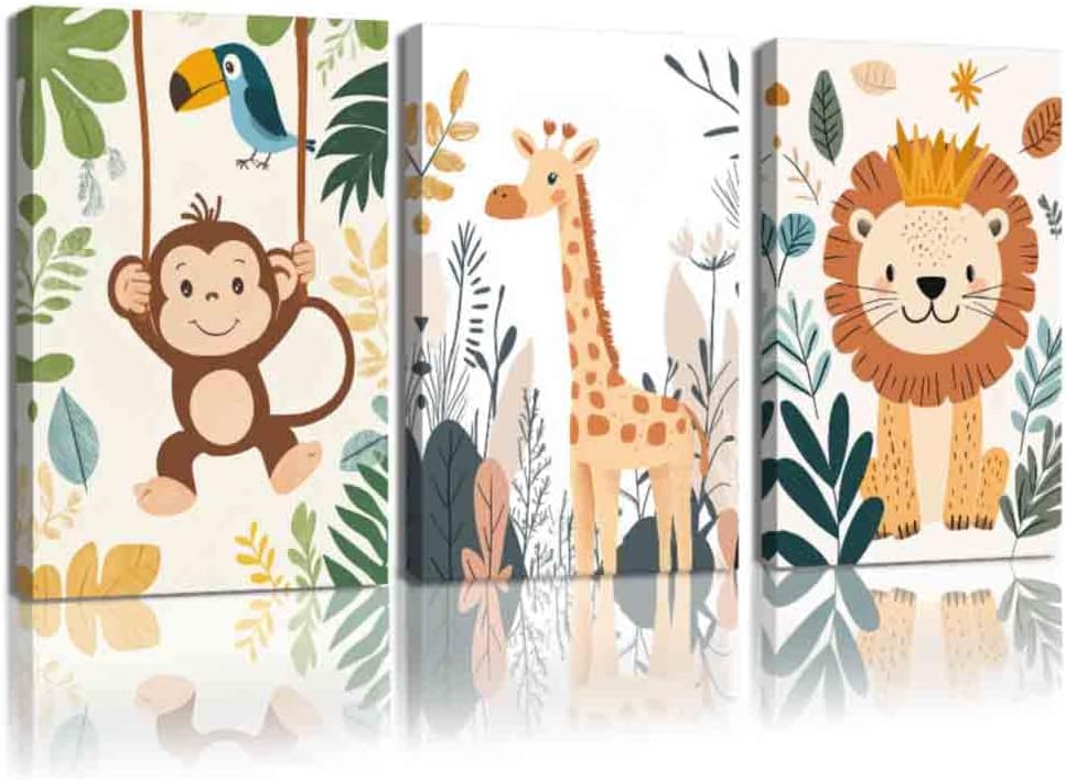 CCWORKERRY Safari Nursery Animal Canvas Wall Art 3PCS Jungle Baby Anim wall art