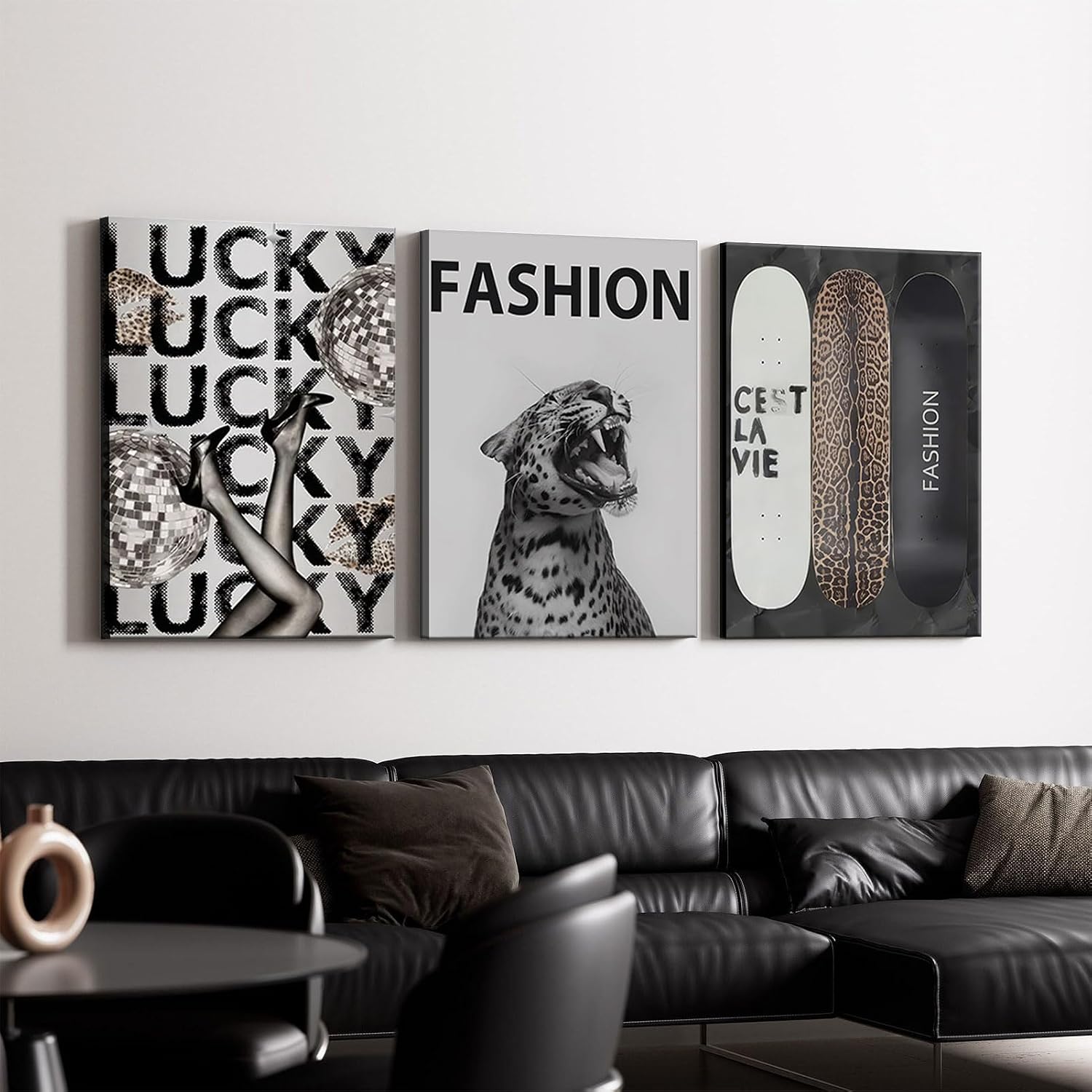 Trendy Leopard Canvas Wall Art Fashion Cheetah Lucky Skateboard Wall styled on a wall at home