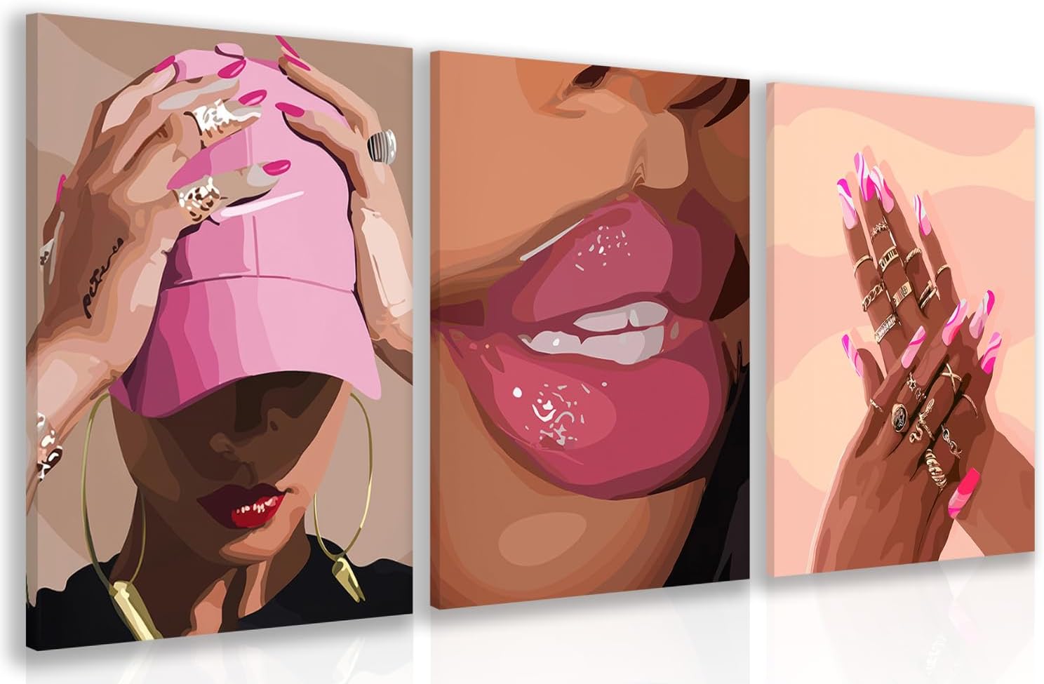 Hianan Wood Framed Fashion Pink Black Girl Wall Art Set of 3, 12x16 in — 40.6L x 30.5W cm · Pink
