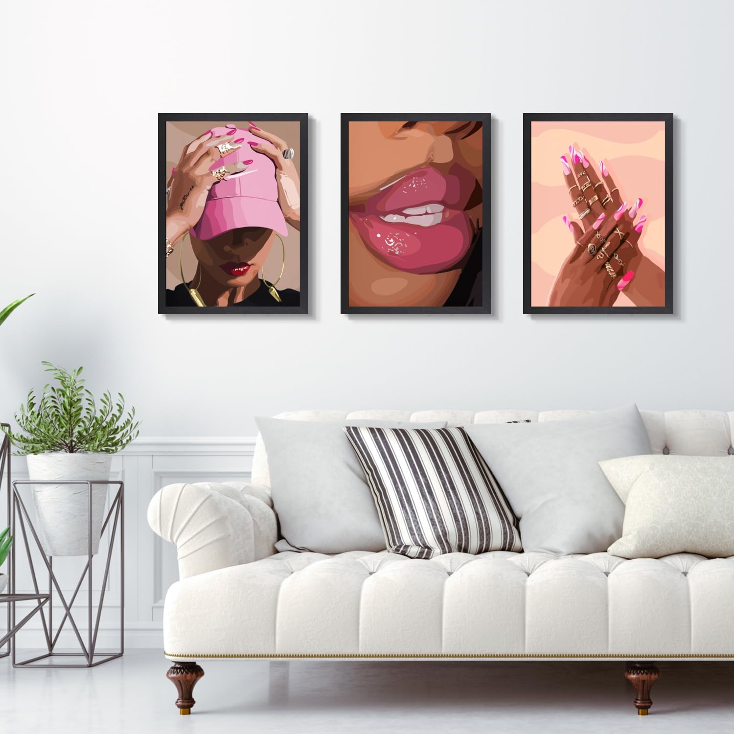 Hianan Wood Framed Fashion Pink Black Girl Wall Art Set of 3, 12x16 in styled on a wall at home