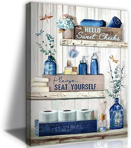 FOMERRA Navy Blue Bathroom Decor Wall Art Rustic Canvas Wall Decor Bat styled on a wall at home