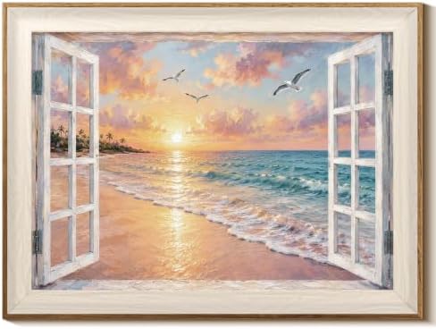 RINTO Coastal Ocean View Canvas Wall Art 12" X 16" inch styled on a wall at home