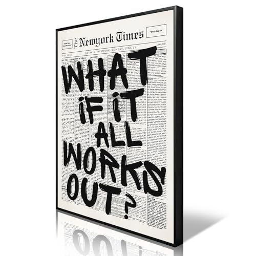 What If It All Works Out Canvas Wall Art, Black and White Newspaper Aesthetic Poster, wall art
