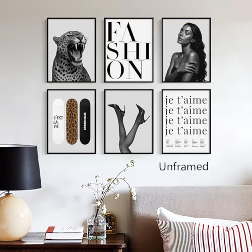 6pcs Leopard Print Canvas Wall Art, Black White Cheetah Painting, Trendy Leopard styled on a wall at home