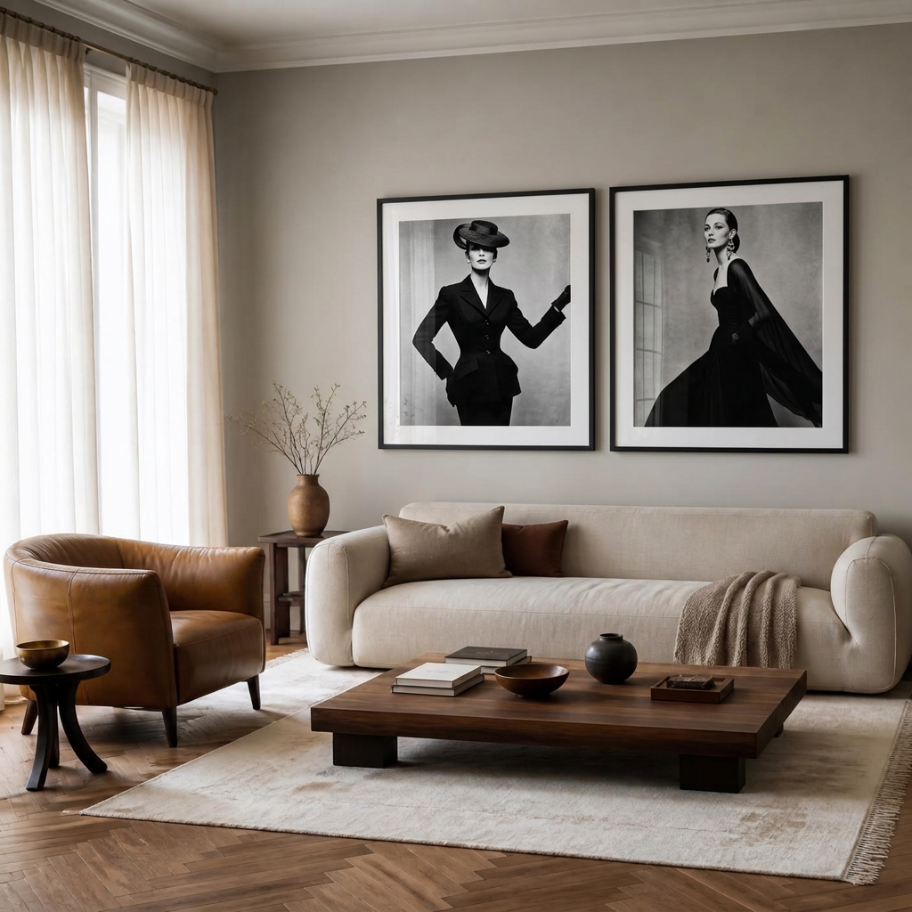 The same living room with a large framed canvas artwork hanging above the sofa