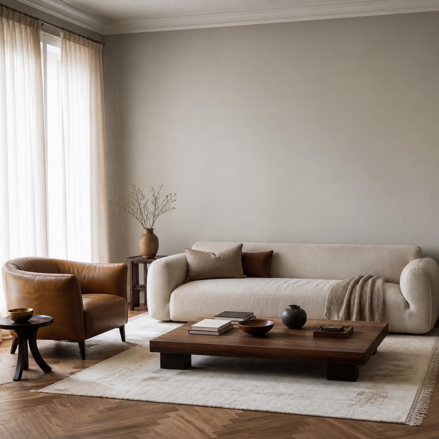The same living room with a bare, undecorated wall above the sofa