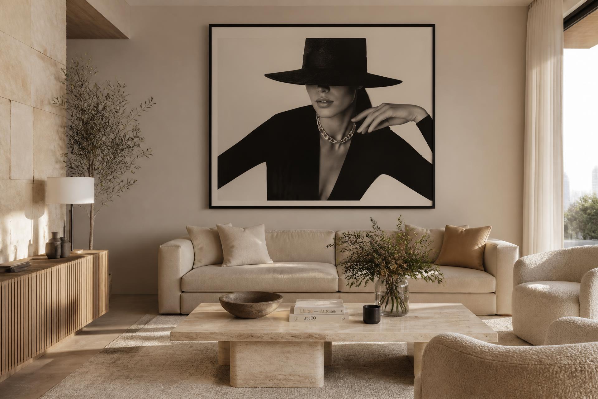 Editorial interior showing a balanced wall-art arrangement
